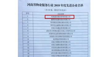 2018年12月28日，建業物業榮獲由河南省物業管理協會評選的“河南省物業服務行業2018年度先進企業”